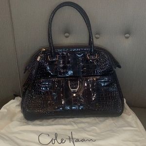 Cole Haan Crock embossed patent saddle detail large tote bag in brown